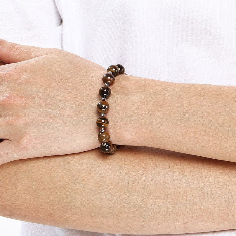 Kemstone Tiger Eye Natural Stone Beaded Bracelet Stainless Steel Adjustable for Men Women KB210156-Z