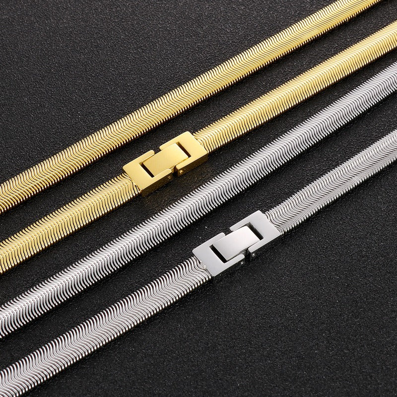 Hip-Hop Flat Snake Chain Necklace & Bracelet – Stainless Steel Herringbone Jewelry for Men KN228487