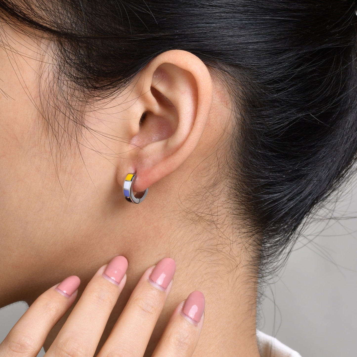Kemstone Stainless Steel Color Block Hoop Earrings – 13mm Small Huggie Punk Street Style PE-014