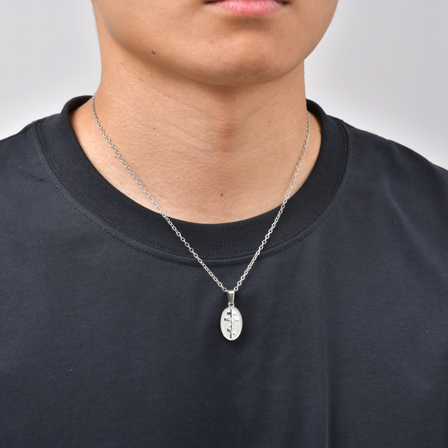 Kemstone Vintage Cross Oval Pendant Necklace Stainless Steel for Men & Women PN-2335