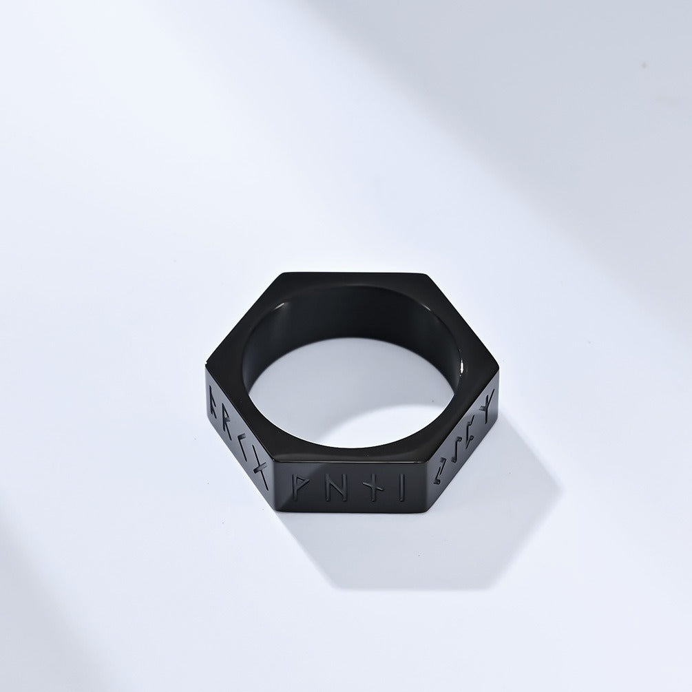 Kemstone Titanium Steel Rune Ring – Nordic Viking Hex Nut Design K-R703