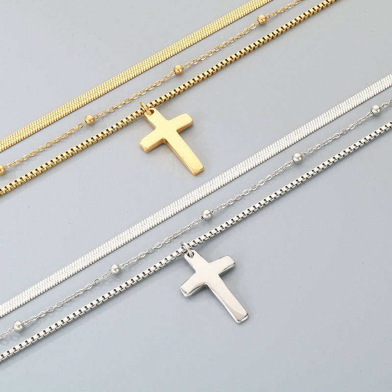 Kemstone Titanium Steel Cross Pendant Multi Chain Necklace Snake Chain Box Chain for Men & Women Gold Silver KN292221-Z