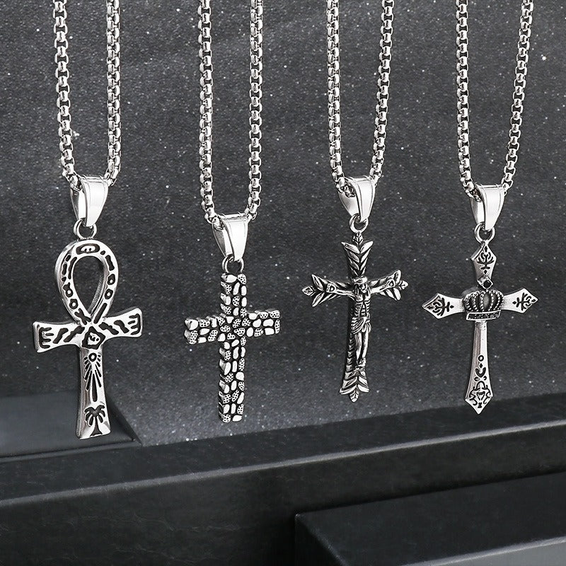 Kemstone Titanium Steel Punk Crown Cross Pendant – Vintage Hieroglyphic Engraved Necklace KP120067