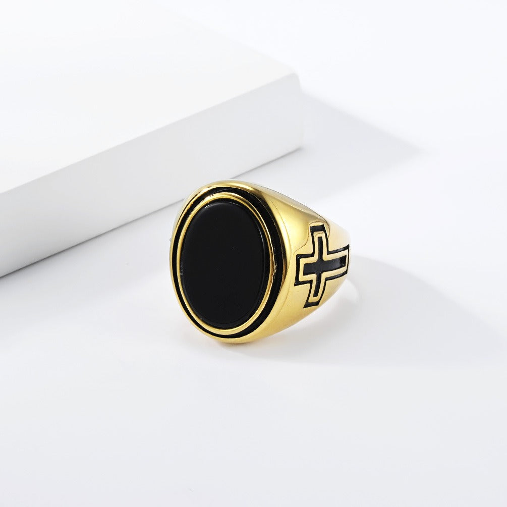 Kemston Oval Stone Signet Ring for Men Stainless Steel Engraved Cross K-R1202