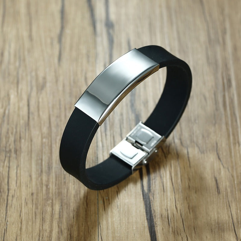 Kemstone Silicone & Stainless Steel Bracelet – Engravable Curved Plate Men’s Wristband BS-076