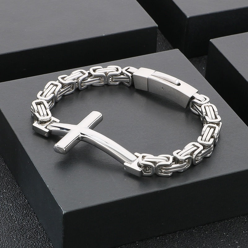 Kemstone Rock Revival Cross Cuff - Byzantine Chain Titanium Bracelet for Men with Vintage Gothic Motif KB190501