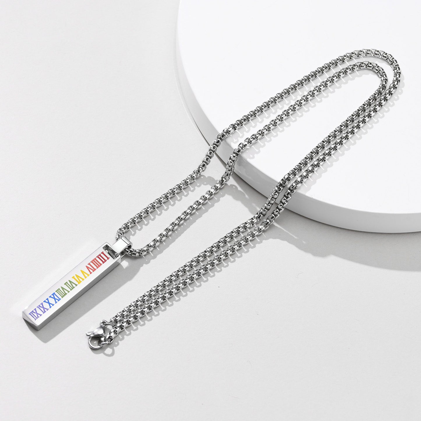 Kemstone Roman Numeral Drip Pendant Necklace – Stainless Steel Bar Chain PPN-067