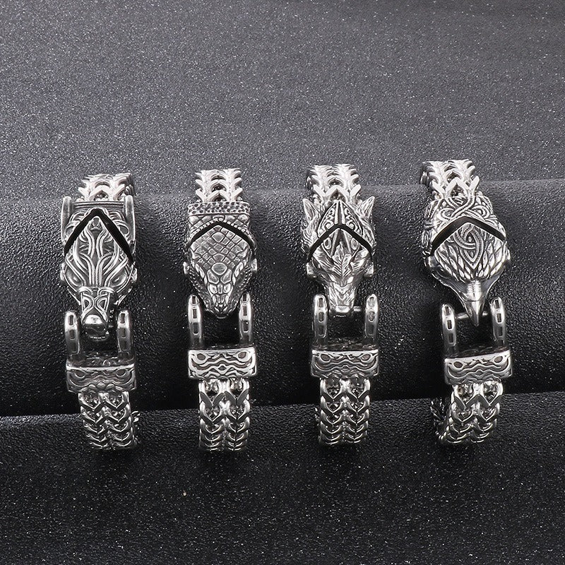 Bracciale Kemstone in acciaio al titanio con testa di aquila e lupo - Catena reversibile, design punk per uomo KB179515