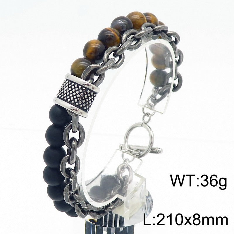 Kemstone Tiger Eye & Turquoise Bead Bracelet – Dual-Layer Steel Chain Men’s Jewelry with Vintage Map Stone Vibe KB182645