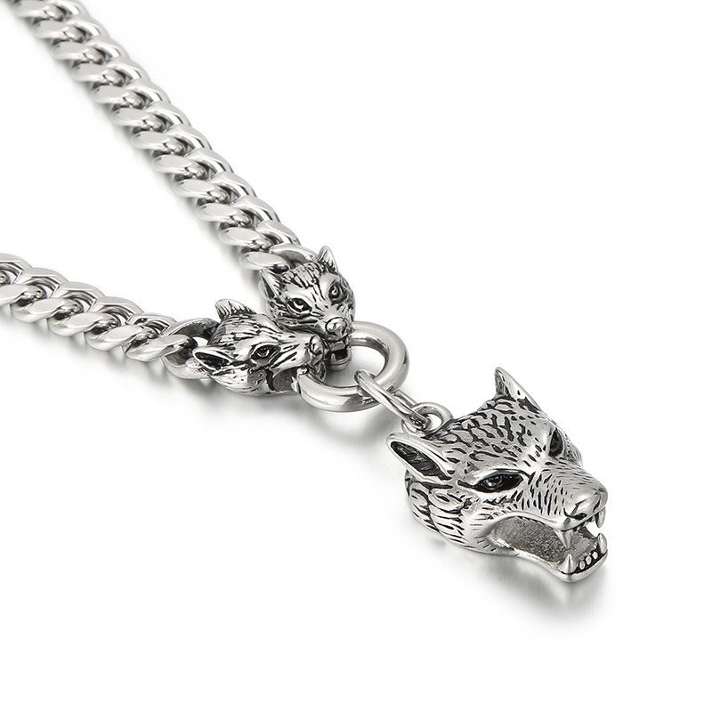 Set di catene in acciaio da uomo Kemstone - Bracciale e collana con testa di lupo per stile punk KB133023