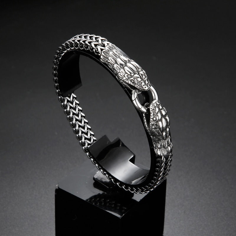 Kemstone Twin Serpent Titanium Steel Men's Bracelet - Retro Edgy Design for Modern Warriors KB145401