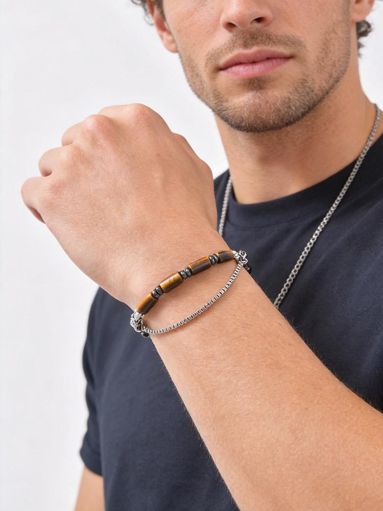 Kemstone Tiger Eye Beaded Bracelet for Men Stainless Steel Layered Chain BR-2922