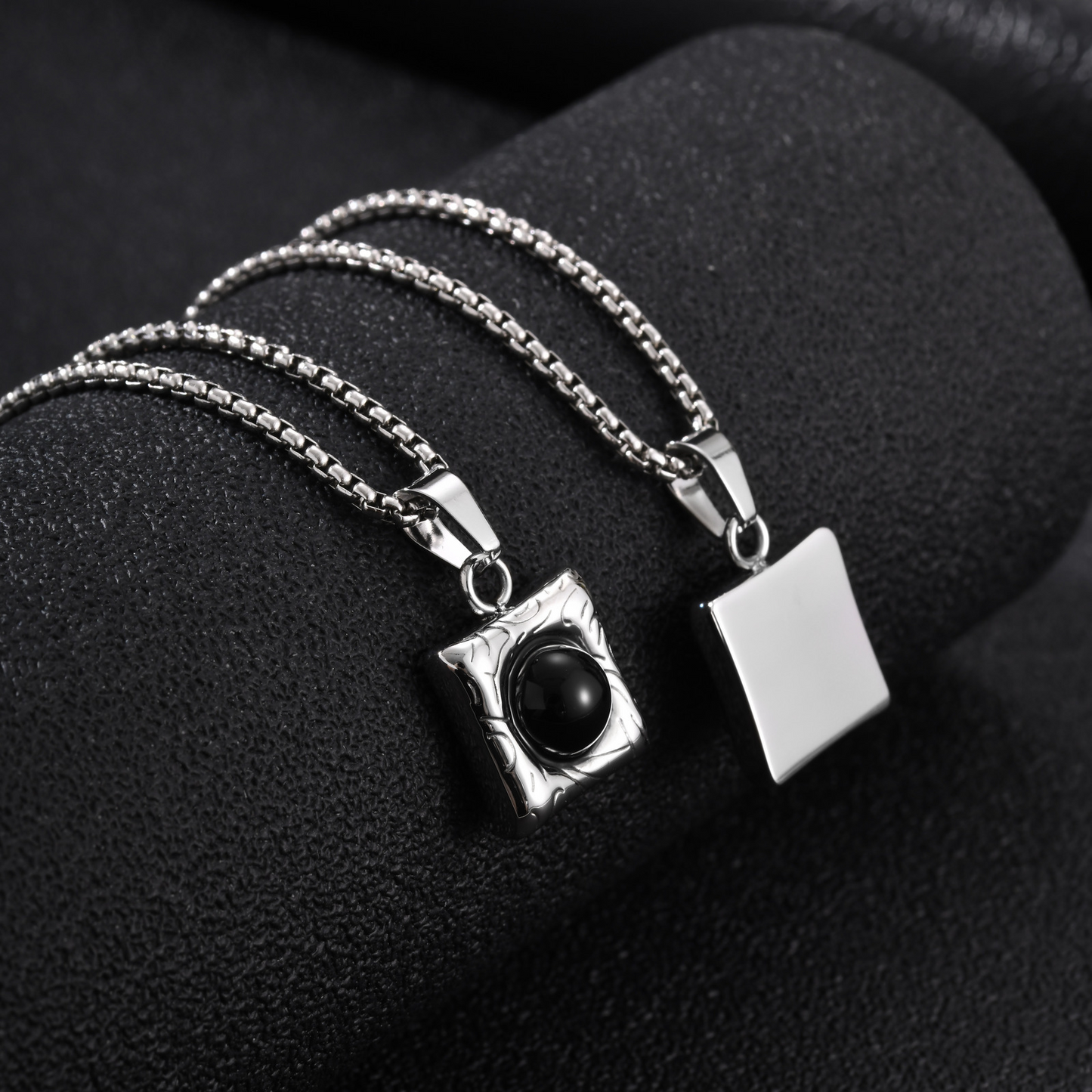 Kemston Stainless Steel Black Onyx Square Pendant Necklace for Men Minimal Stone Design PN-2421