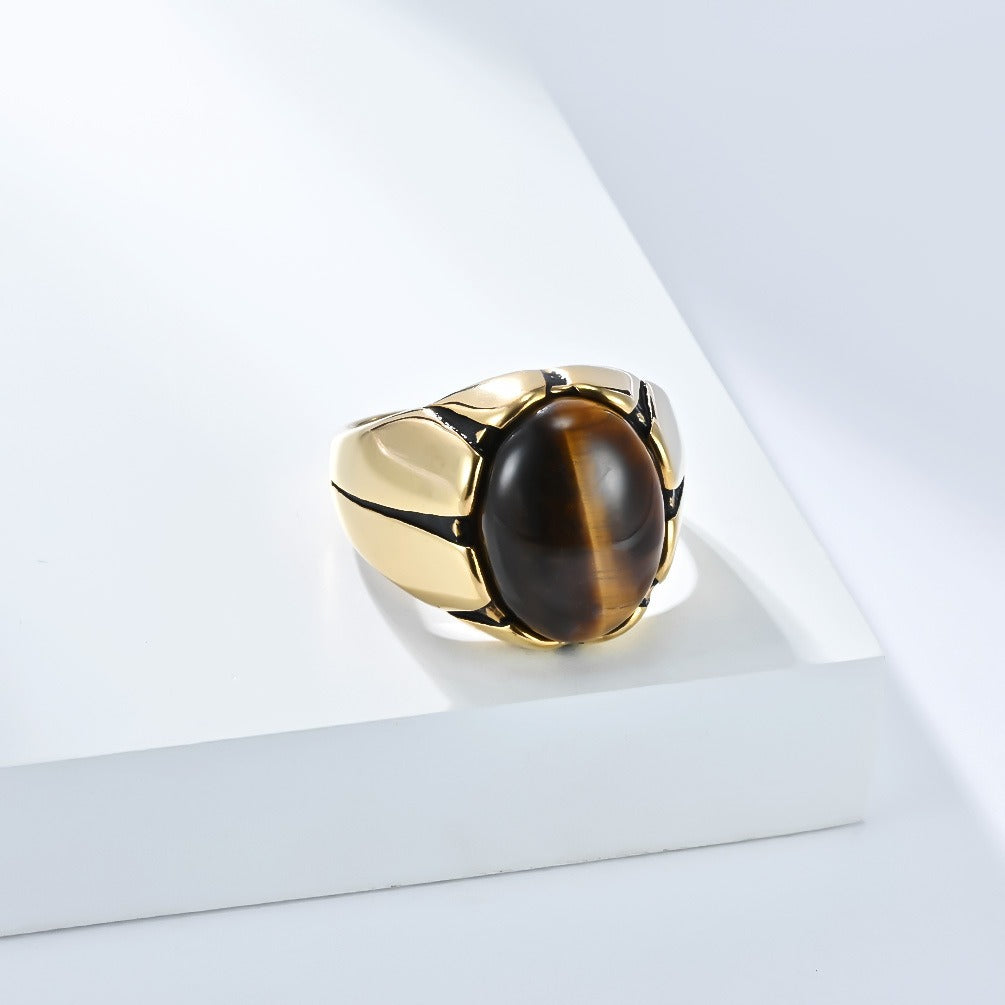 Kemstone Men’s Stainless Steel Oval Stone Ring – Black Stone & Tiger Eye K-R999