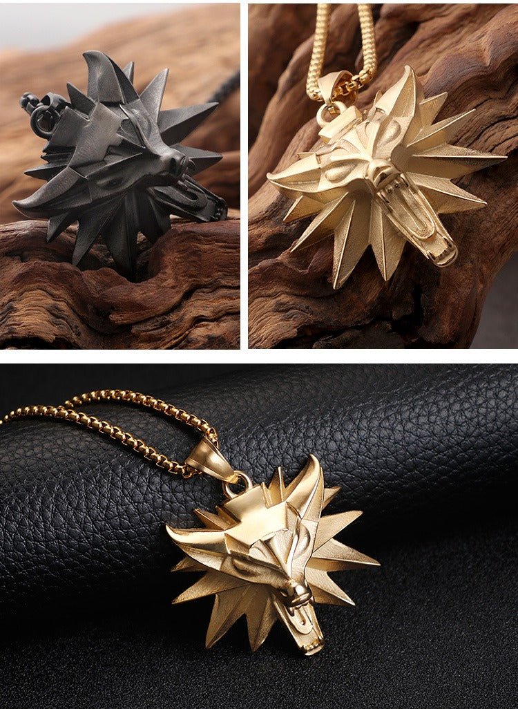 Witcher Wolf Head Pendant Necklace for Men – Gothic Viking Stainless Steel Medallion, Silver/Gold/Black KP59809-K