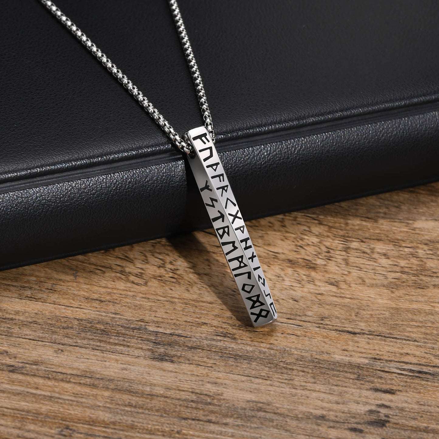 Kemstone Nordic Rune Bar Necklace – Stainless Steel Viking Pendant, Elder Futhark Engraving NC-1383