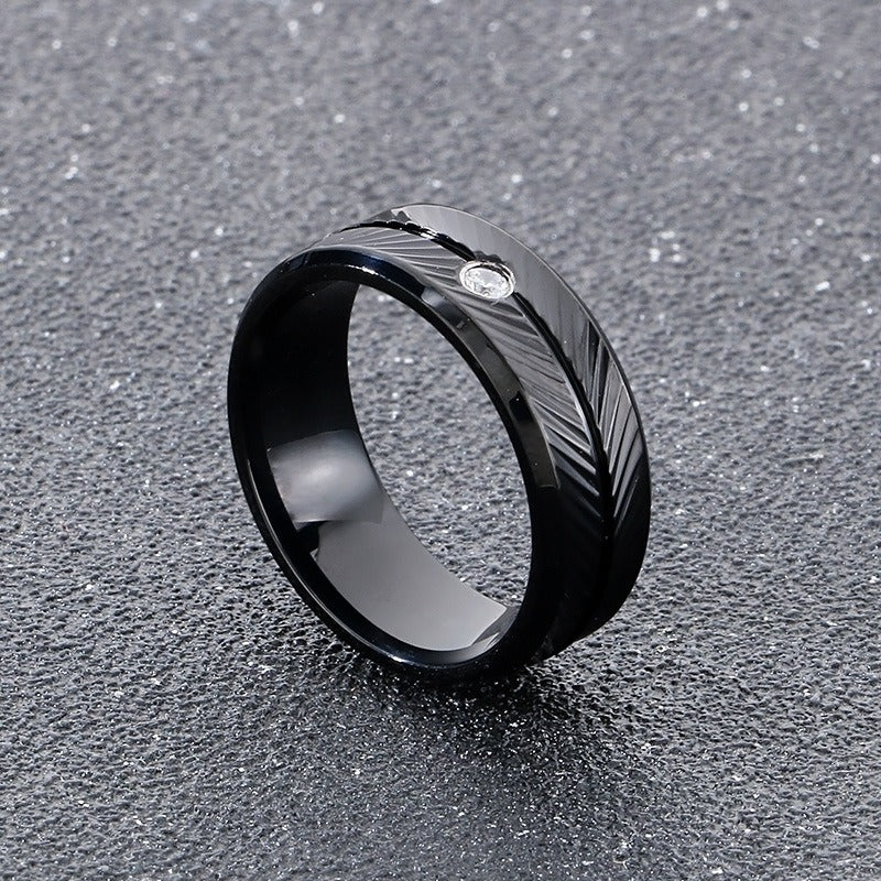 Kemstone Steel Feather Ring – Gothic Circle Band with CZ Stones for Men KR110876-GC