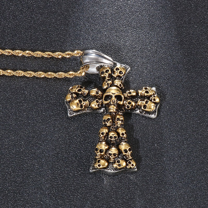 Kemstone Gothic Skull Cross Necklace – Matte Black Punk Pendant for Men KP55728-B