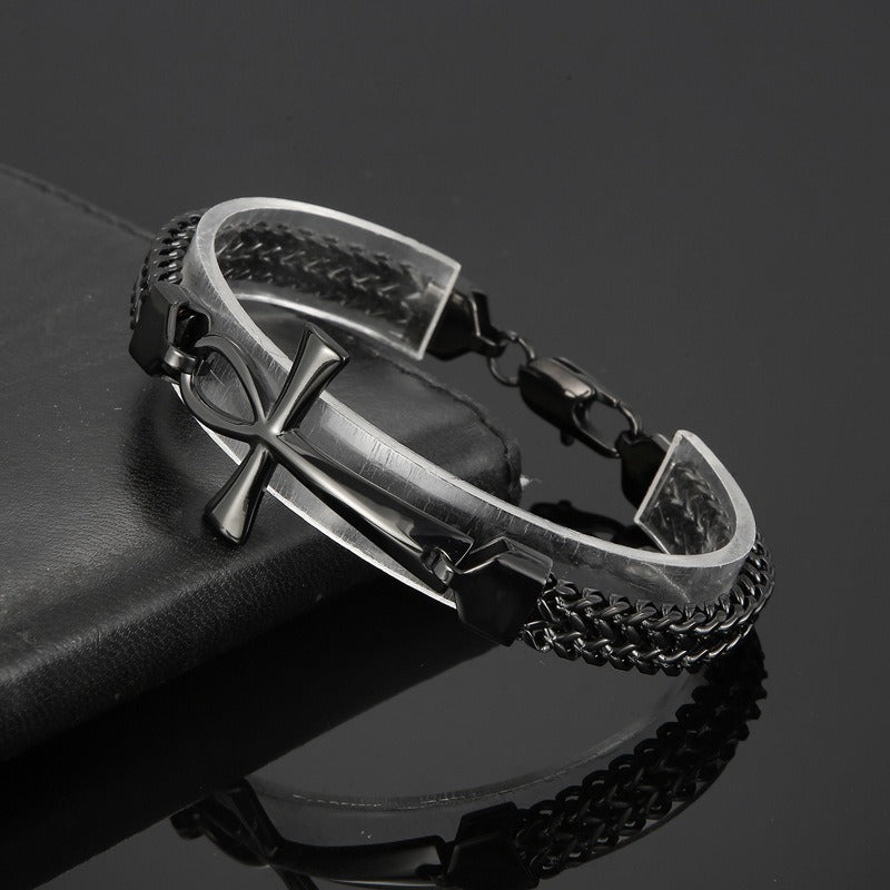 Kemstone Titanium Steel Rock 'n' Roll Dual-Weave Chain Bracelet with Vintage Cross Pendant KB164177-KFC