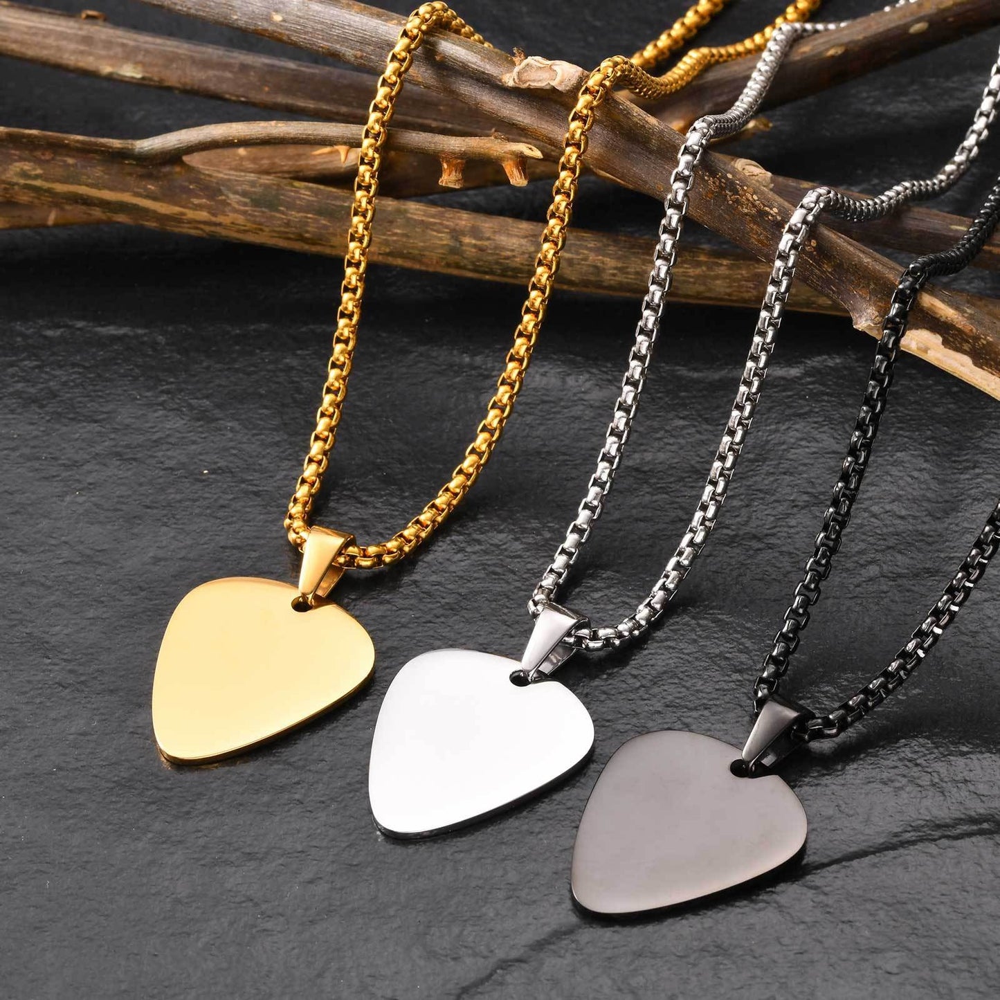 Kemstone Steel Guitar Pick Pendant Necklace – 316L Stainless Steel Minimalist Rock Jewelry PN-1843