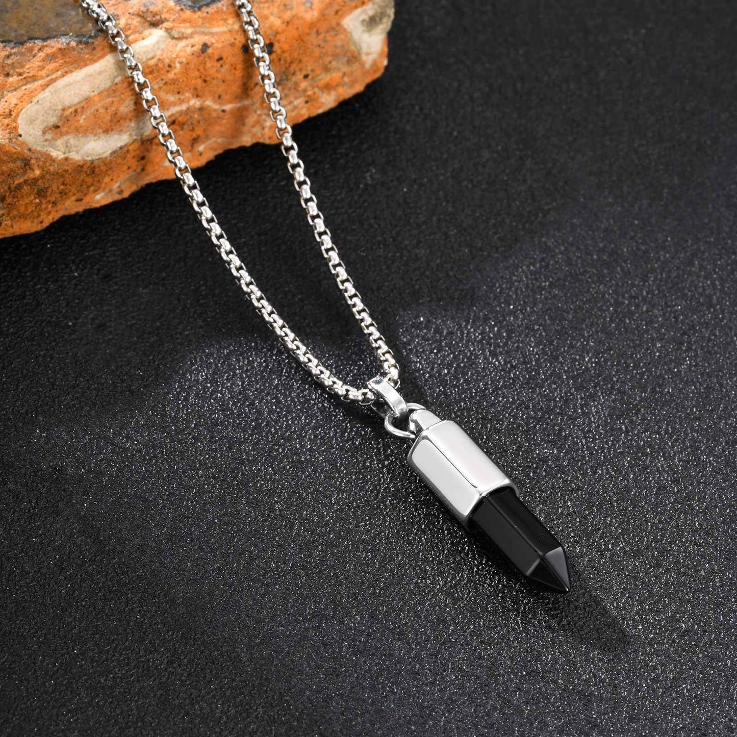 Kemstone Men’s Stainless Steel Bullet Pendant Necklace – Tiger Eye & Black Agate Minimalist Jewelry PN-2227