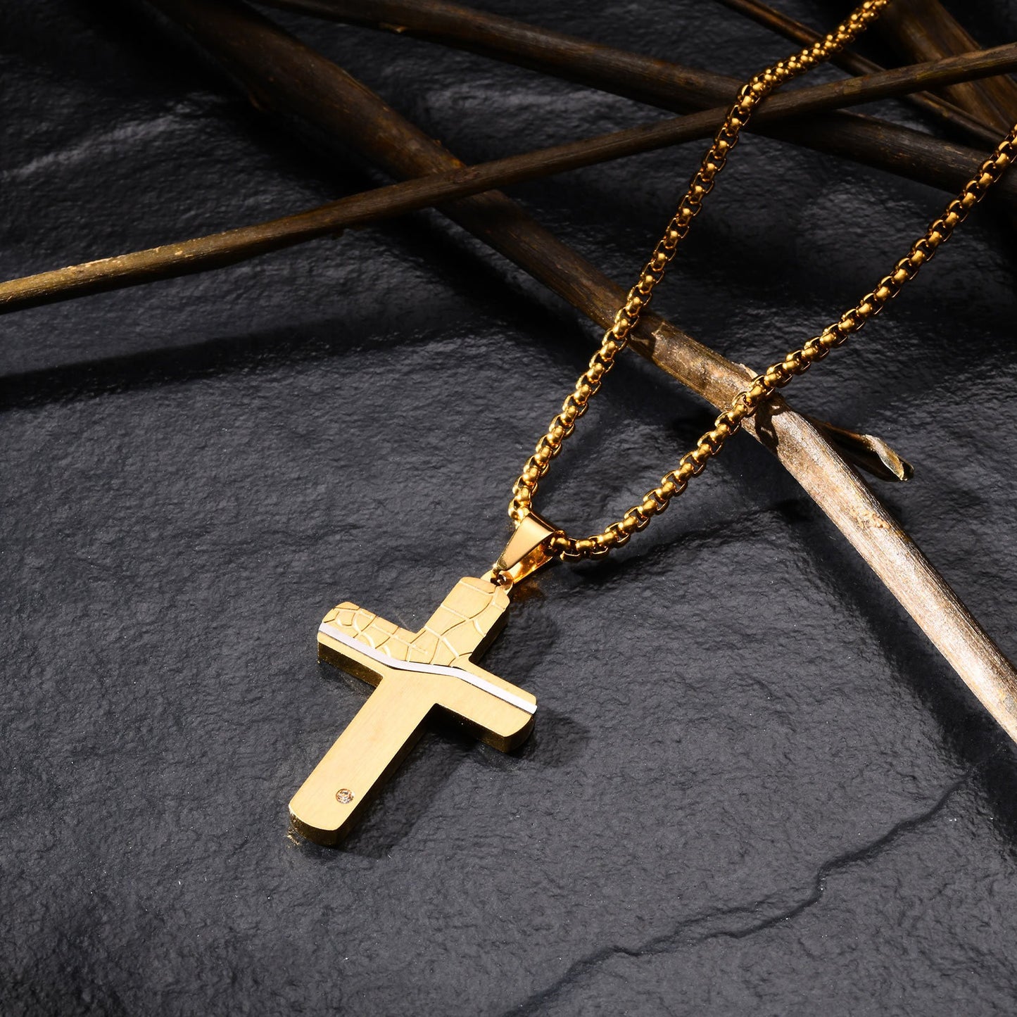 Cracked Cross Pendant Necklace – Stainless Steel, Gothic Street Style (Silver/Gold/Black) PN-1999