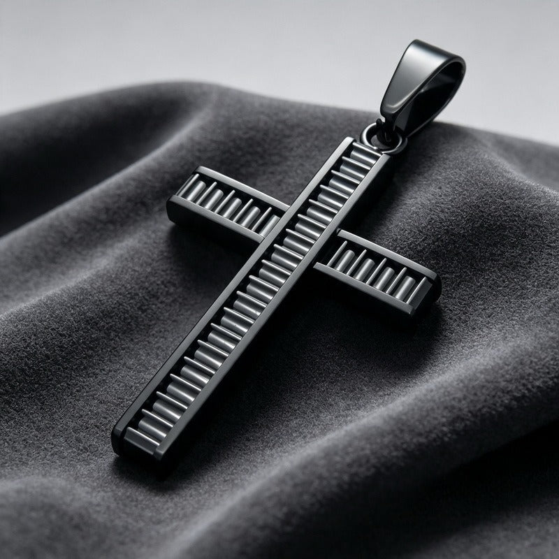 Kemstone Layered Cross Pendant Necklace for Men Stainless Steel Ribbed Design KP119486-HR