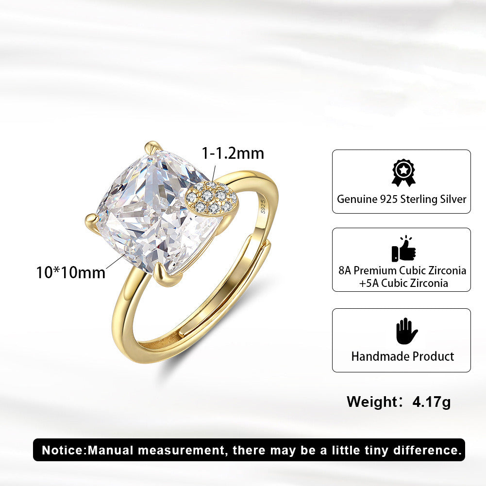 Cushion Cut Adjustable Ring – 925 Sterling Silver 5A Zircon Engagement Ring, 14K Gold & White Gold Plated Elegant Jewelry by Kemstone A4-LZR44