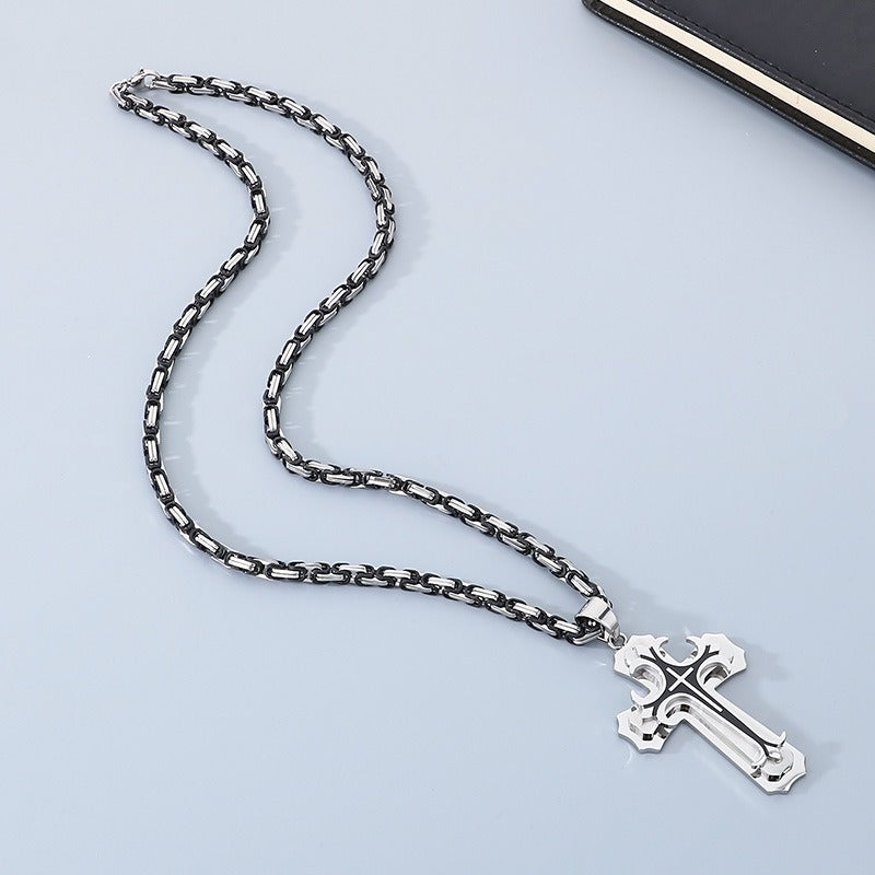 Kemstone Triple-Layer Gothic Cross Pendant Necklace – Stainless Steel Byzantine Chain KP78915
