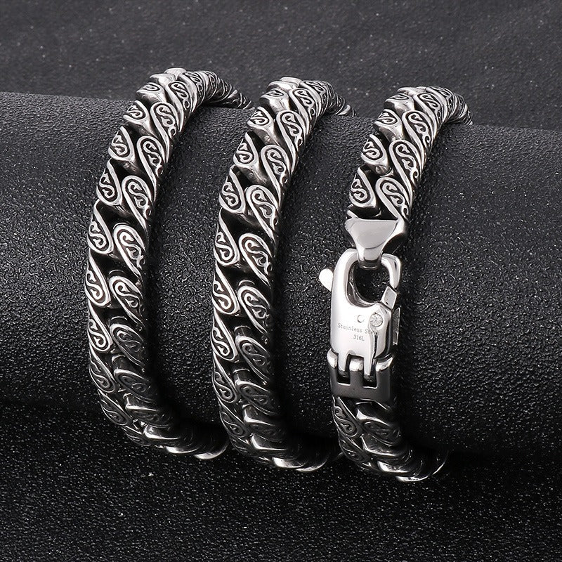 Kemstone Punk Vintage Distressed Geometric Buckle Men's Titanium Steel Inlaid Cubic Zirconia Cuban Chain Necklace KN232322
