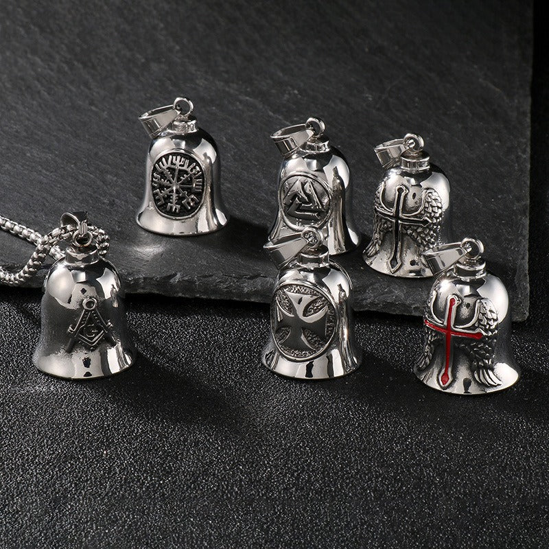 Kemstone Viking Symbol Bell Pendant Necklace for Men – Norse Masonic Cross Stainless Steel Biker Jewelry KP130935