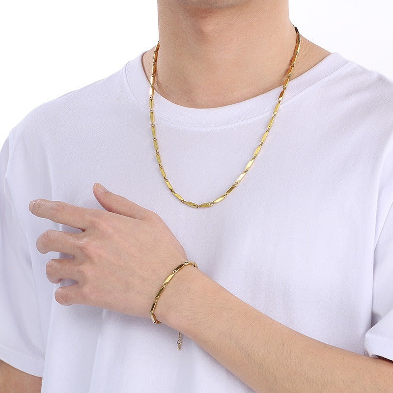 Kemstone Men’s Bamboo Link Chain Bracelet & Necklace – Stainless Steel Hip-Hop Jewelry KS223833-Z