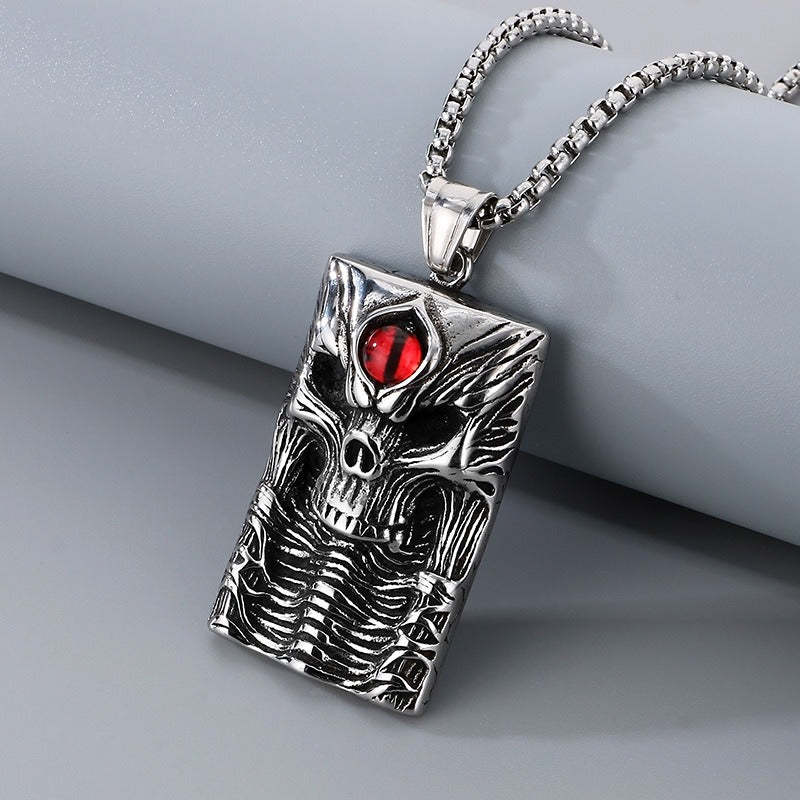 Kemstone Demon Eye Skull Pendant – Gothic Titanium Steel Necklace for Men, Dark Streetwear & Halloween Style KP130524-TGX