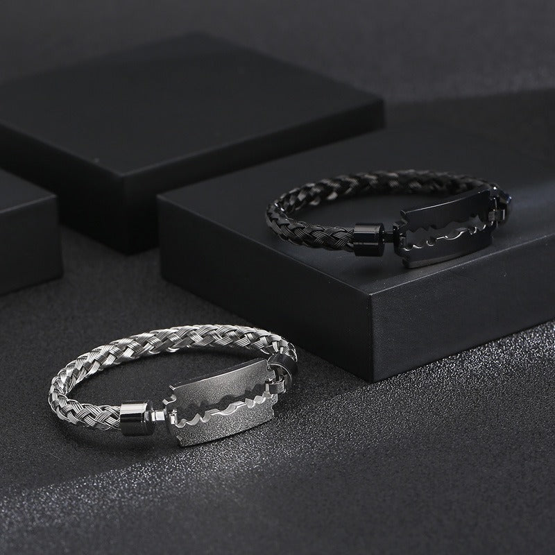 Kemstone Titanium Steel Cuff Bracelet for Men - Braided Blade Design with Premium Electroplated Finish KB130548