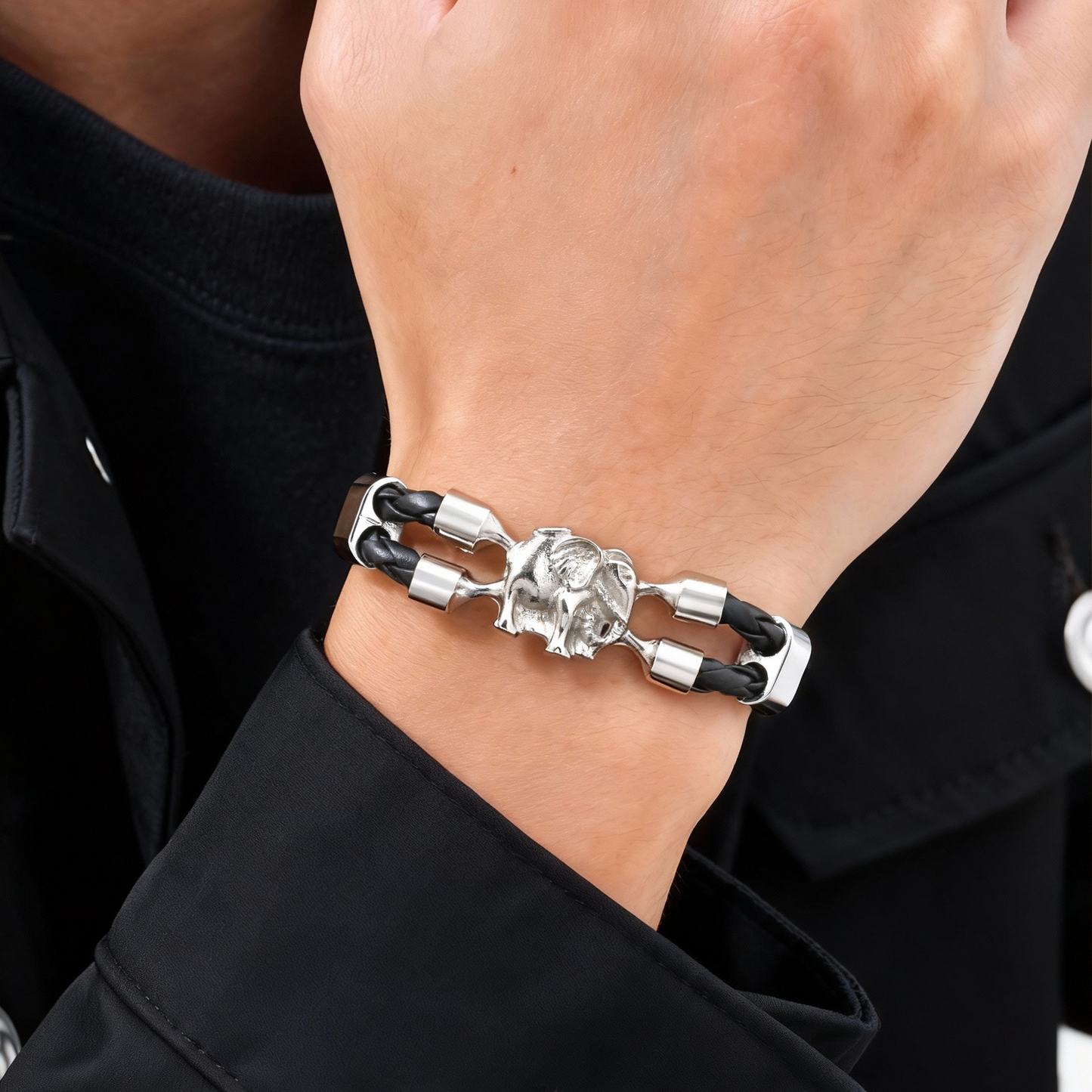 Kemstone Elephant Leather Bracelet Double Braided Black PU Cord with Alloy Clasp for Men BL-825