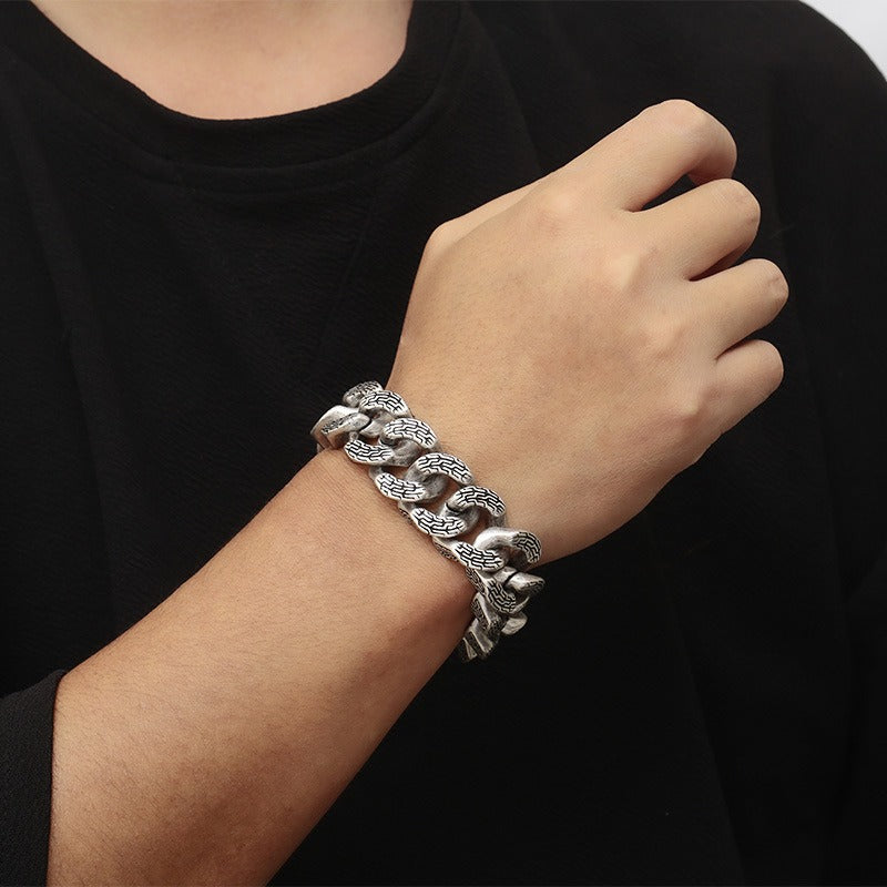 Kemstone Trident Textured Curb Chain Bracelet – Heavy Stainless Steel Viking Punk Streetwear KB179929
