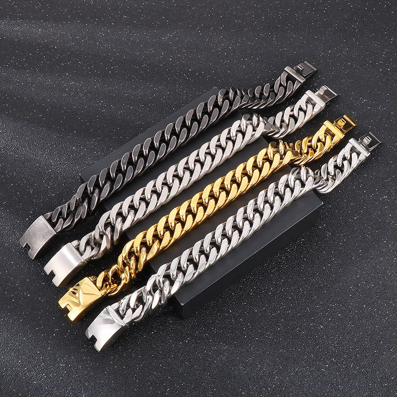 Kemstone Men’s Polished Cuban Chain Bracelet – 12mm/15mm Stainless Steel Urban Biker KB56160-D