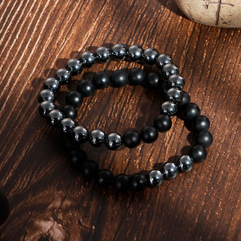 Pulsera de piedra de hierro gris Kemstone y ágata negra mate - Cuentas artesanales de inspiración zen para hombre KB109671
