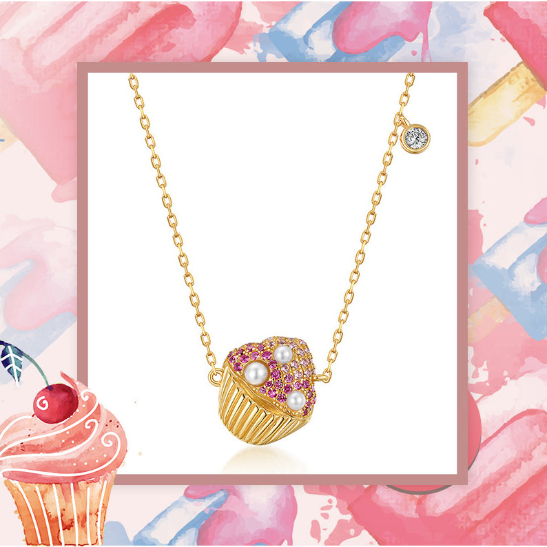 Collana a forma di cupcake Kemstone realizzata a mano dal design originale per donna in argento S925 con zirconi colorati e perle - 18"