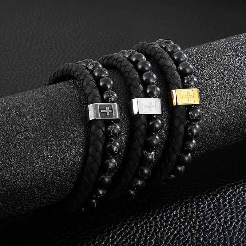 Bracciale da uomo in acciaio inossidabile Kemstone con croce in pelle e pietra turchese KB136651