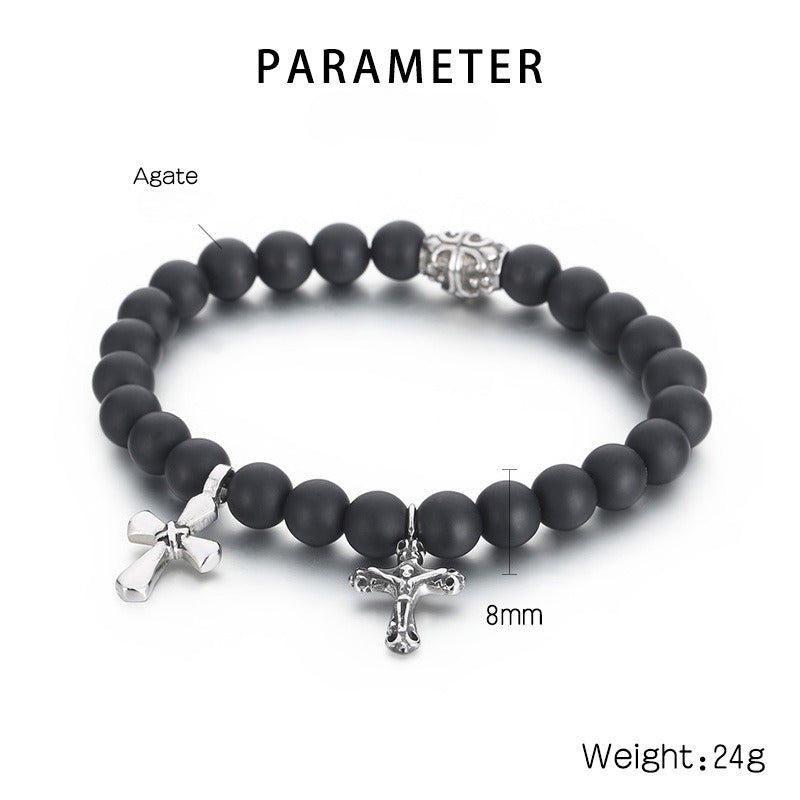 Kemstone Black Onyx Beaded Bracelet – CZ Crown, Freemason Cross & Tiger Eye Accent for Men’s Gothic Streetwear KB69789-BD