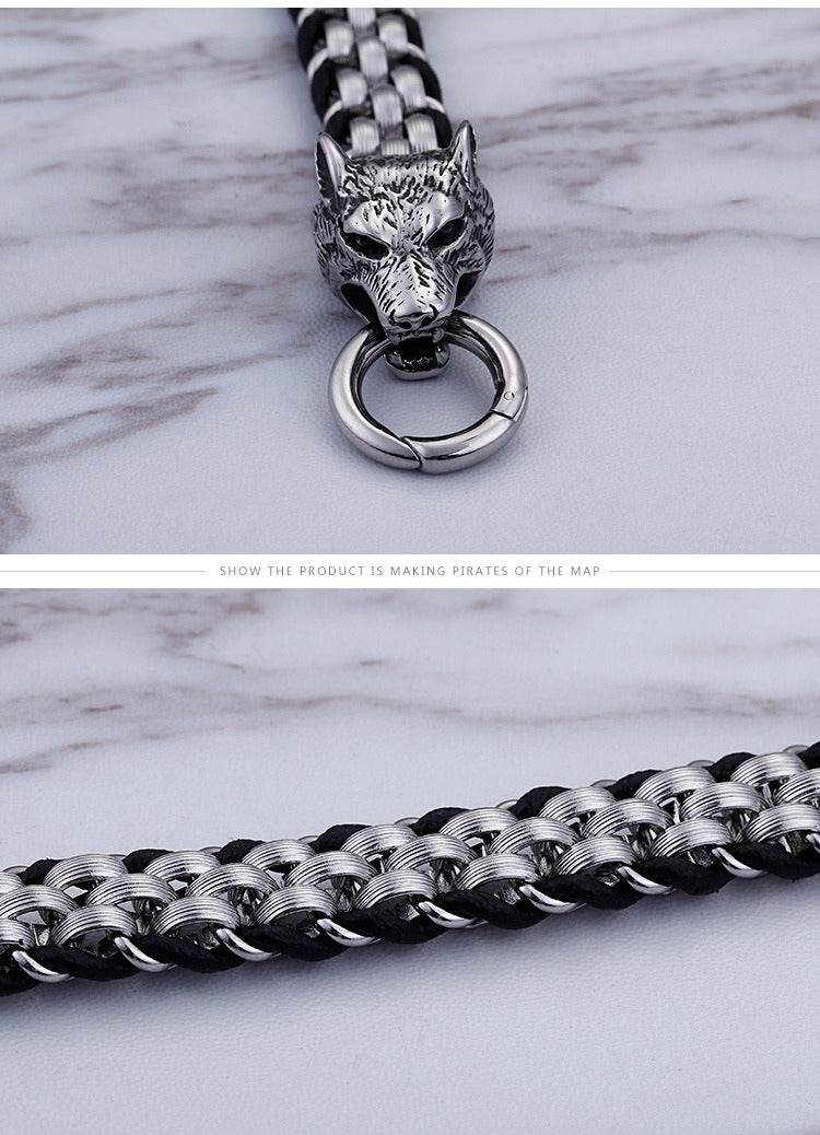 Pulsera Kemstone de acero inoxidable con diseño de lobo y malla de titanio para hombre - Joyería con dijes de estilo punk KB154970