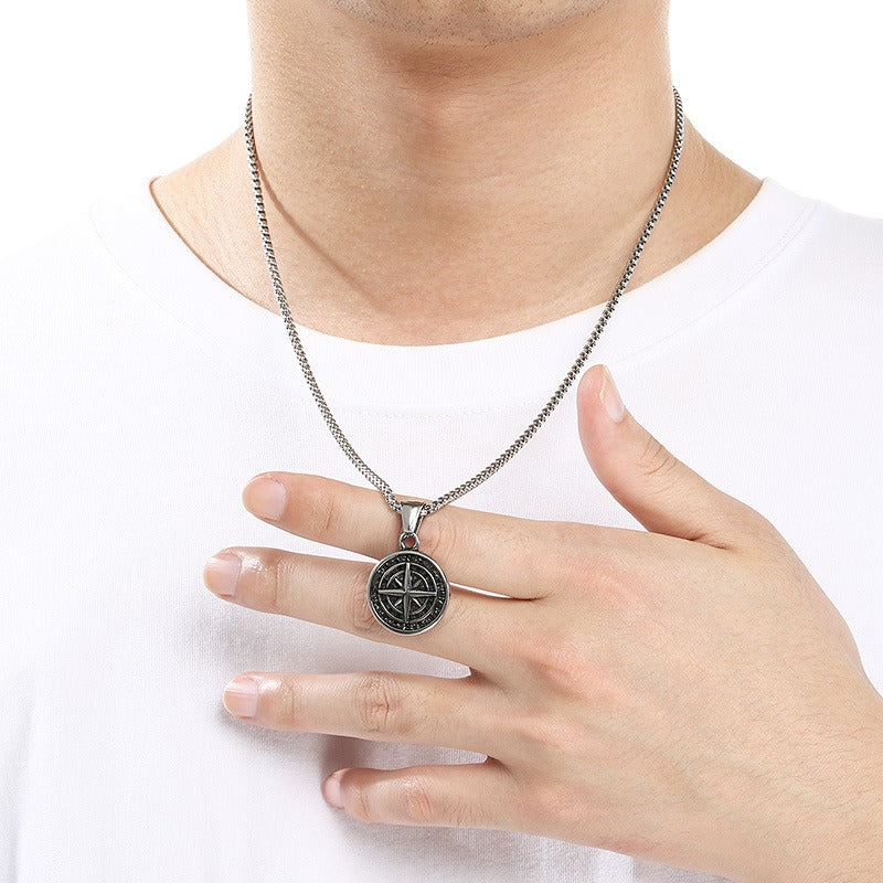 Kemstone Compass Pendant Necklace for Men Titanium Steel Round Coin Navigation Design Silver KP117697-LU