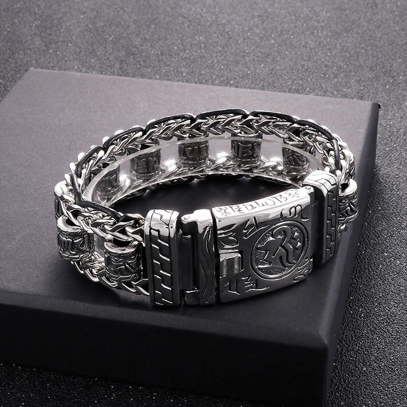 Kemstone Vintage-Style Dragon Bone Chain Bracelet & Punk Hollow-Titanium Steel Man's Ancient Six-Syllable True-Word Necklace KB145903