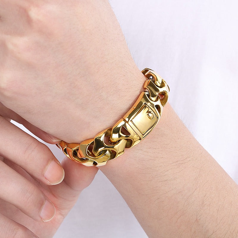 Kemstone Bold Punk Titanium Steel Square Buckle Dragon Bone Chain Bracelet Handmade 22CM KB112527-BD