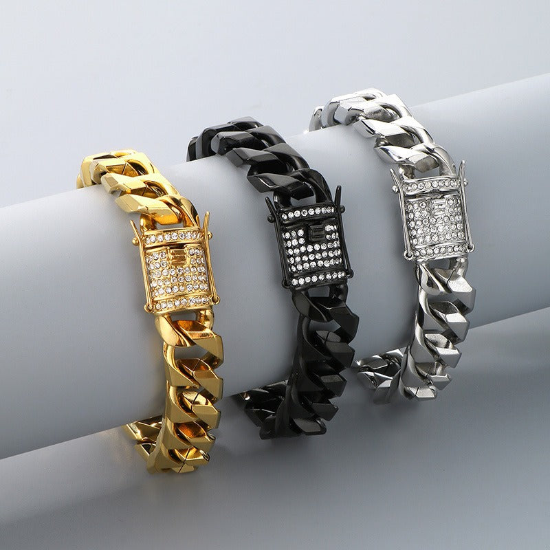 Kemstone Iced Out Cuban Link Bracelet for Men – Stainless Steel Dragon Buckle Hip Hop Punk KB186442-Z
