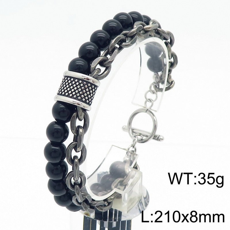 Kemstone Tiger Eye & Turquoise Bead Bracelet – Dual-Layer Steel Chain Men’s Jewelry with Vintage Map Stone Vibe KB182645