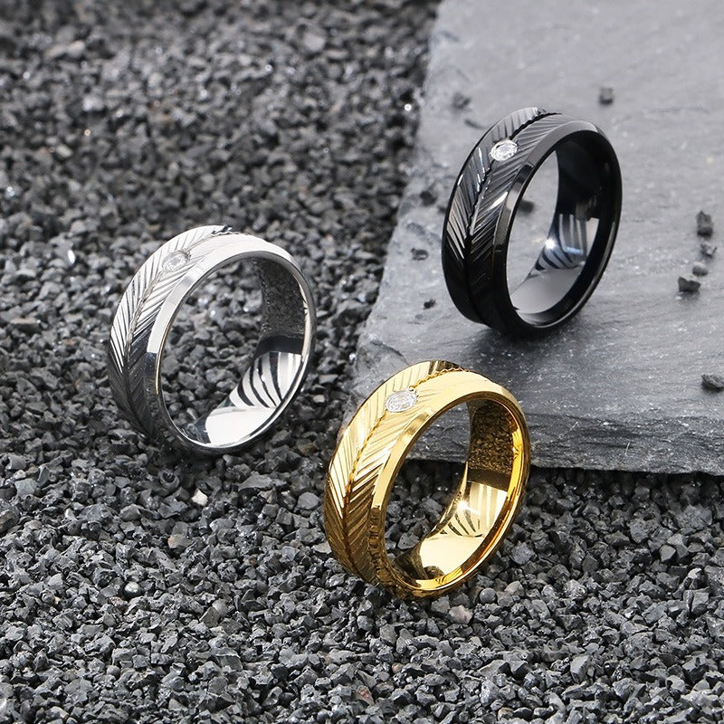 Kemstone Steel Feather Ring – Gothic Circle Band with CZ Stones for Men KR110876-GC
