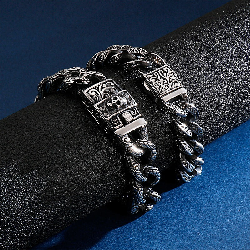 Kemstone Tribal Skeleton Chain Bracelet – Distressed Titanium Steel Men's Gothic Link Jewelry KB121932
