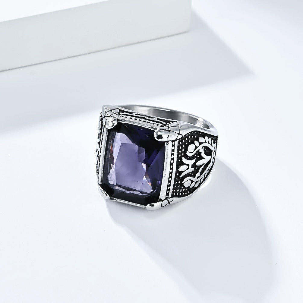 Kemstone Men’s Stainless Steel Ring – Vintage Tulip Glass Stone K-R1014